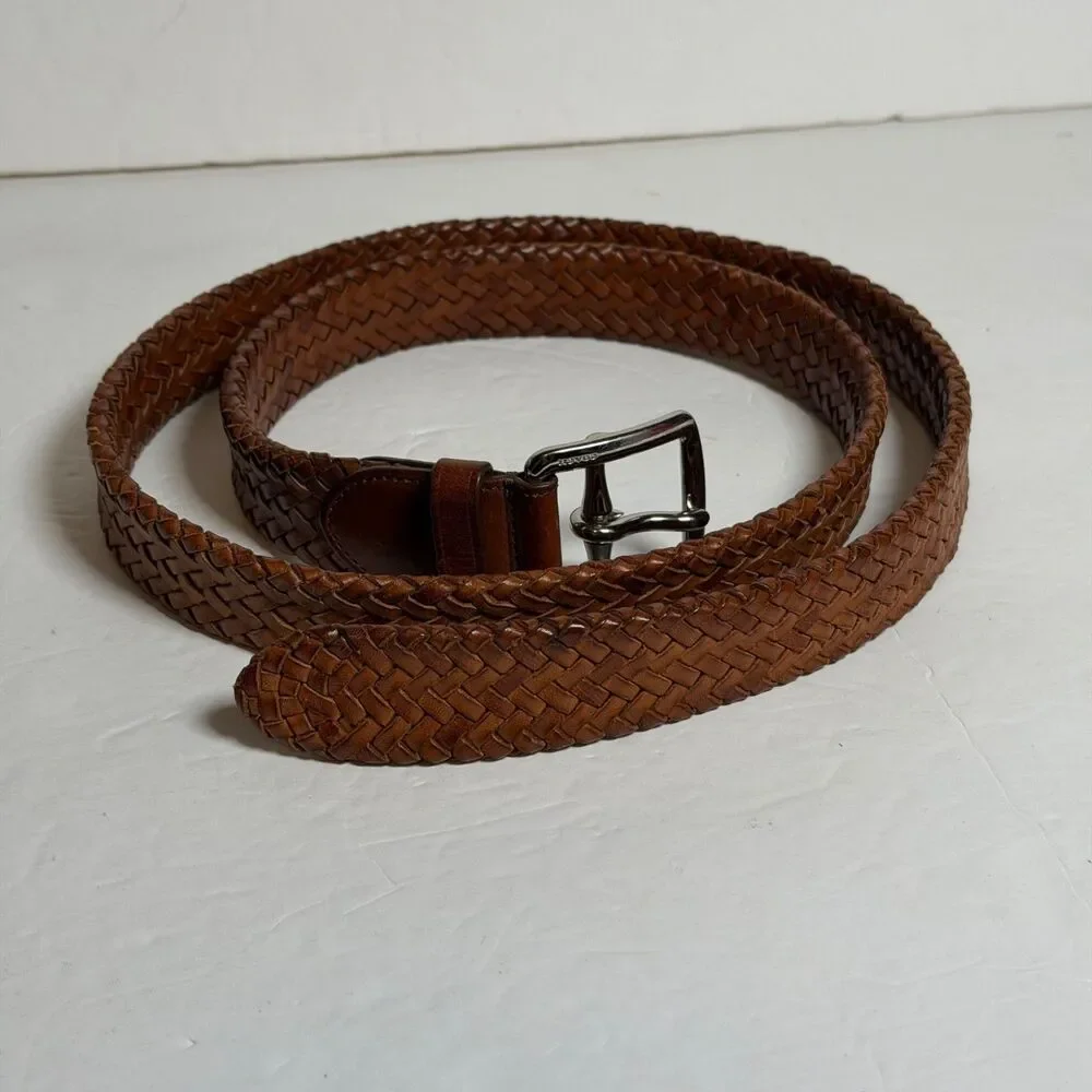 Coach 64459 Brown Braided Woven Leather Belt Size 34 Silver Tone Buckle 48